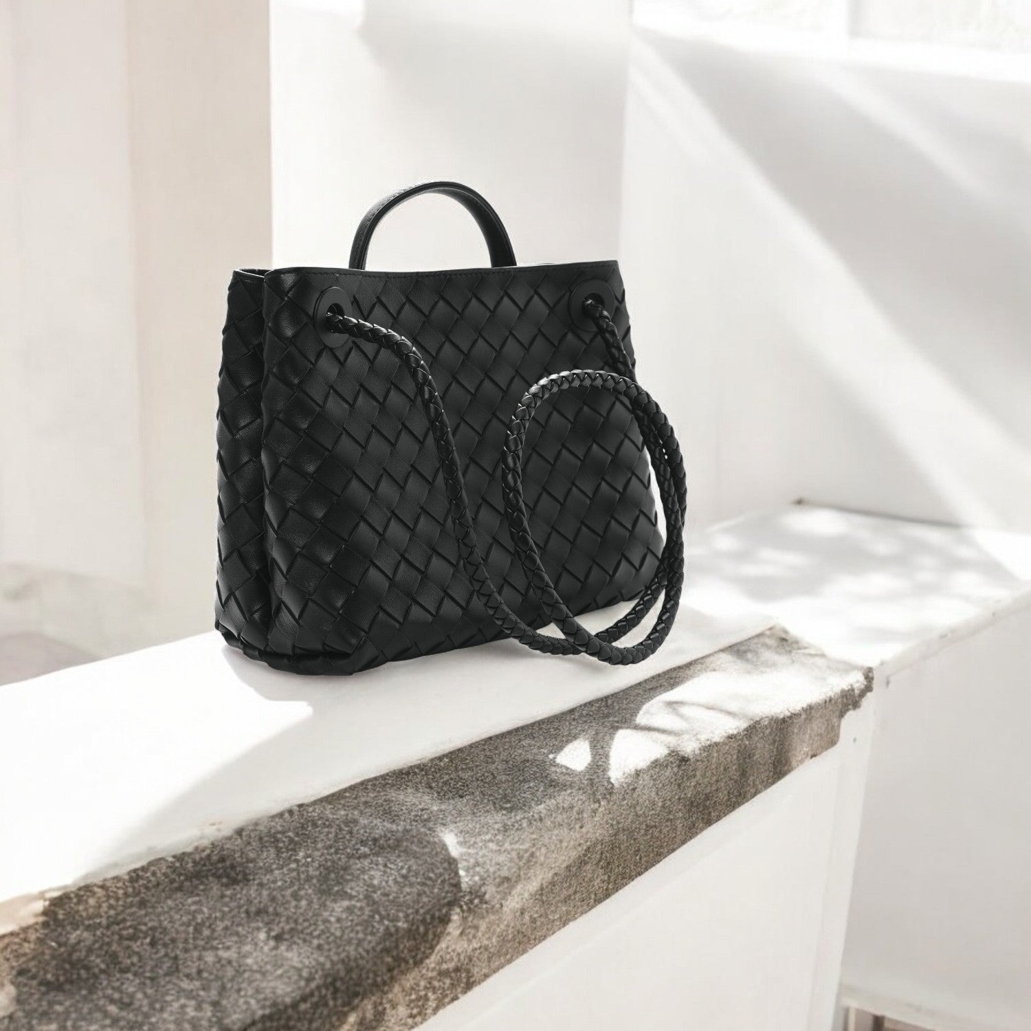 Rivora | Black Woven Midi Tote Bag Effortless Elegance & Timeless Appeal