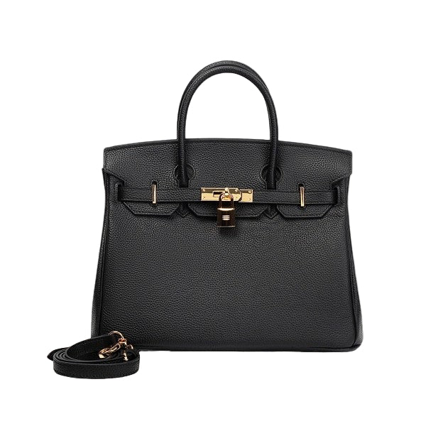 Rivora | Classic Black Satchel Elegant Work Handbag with Gold Lock