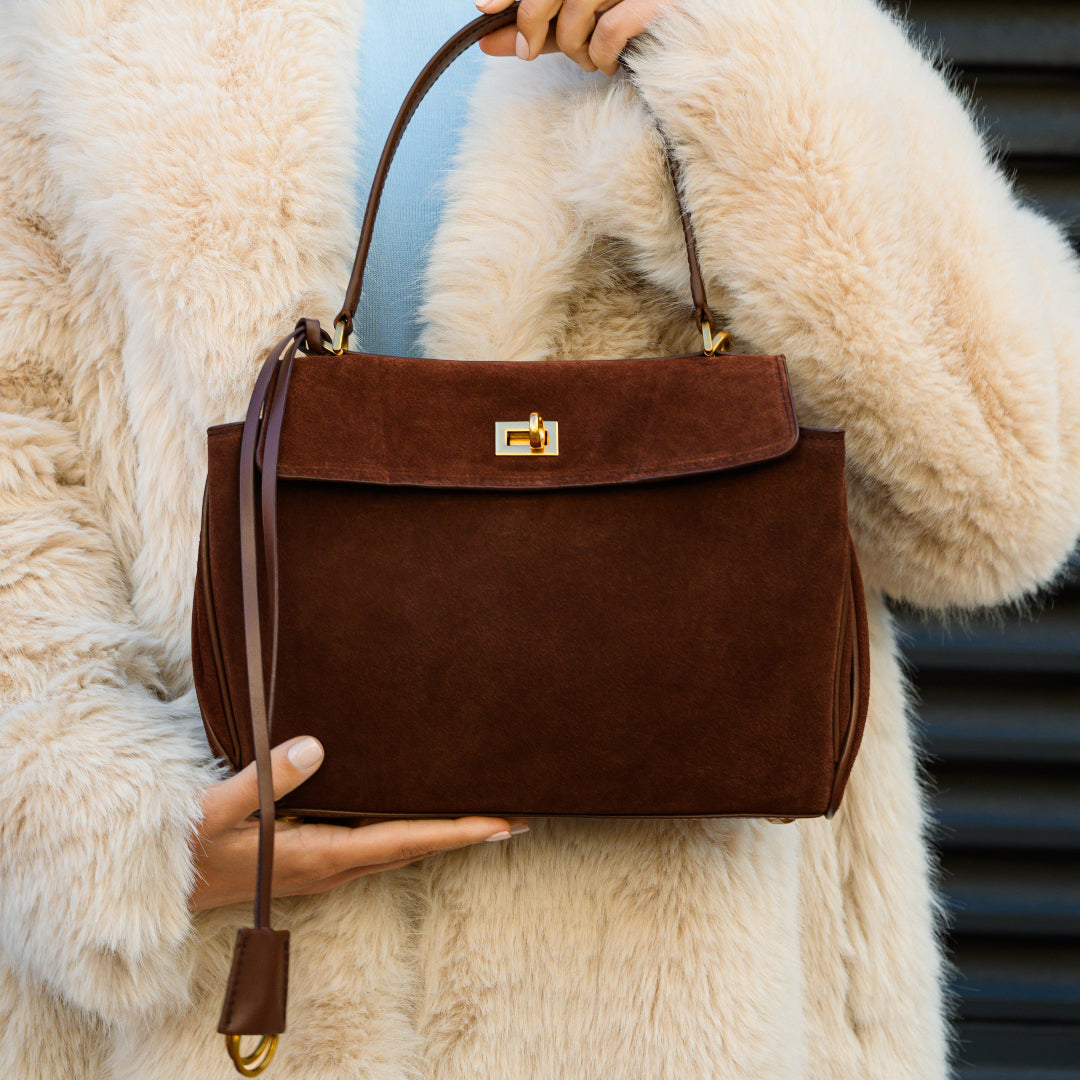 Rivora | Classic Vegan Suede Flap Bag with Top Handle Timeless Structured Handbag