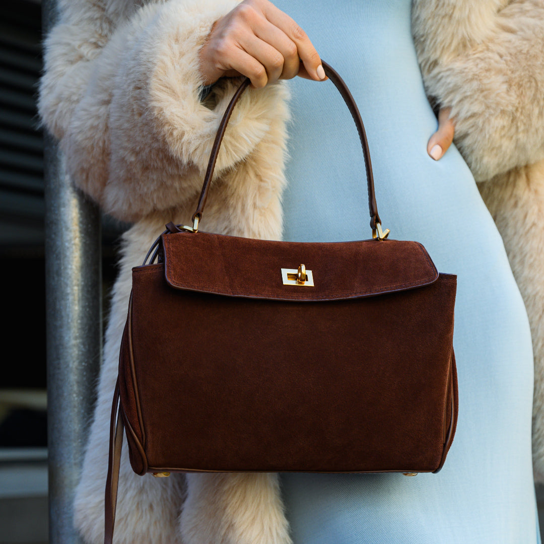Rivora | Classic Vegan Suede Flap Bag with Top Handle Timeless Structured Handbag