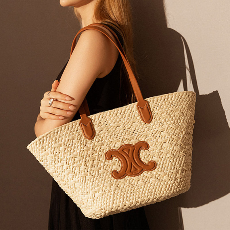 Rivora | Women's Vintage Straw Woven Tote Bag with Vegan Leather Handles and Decorative Emblem