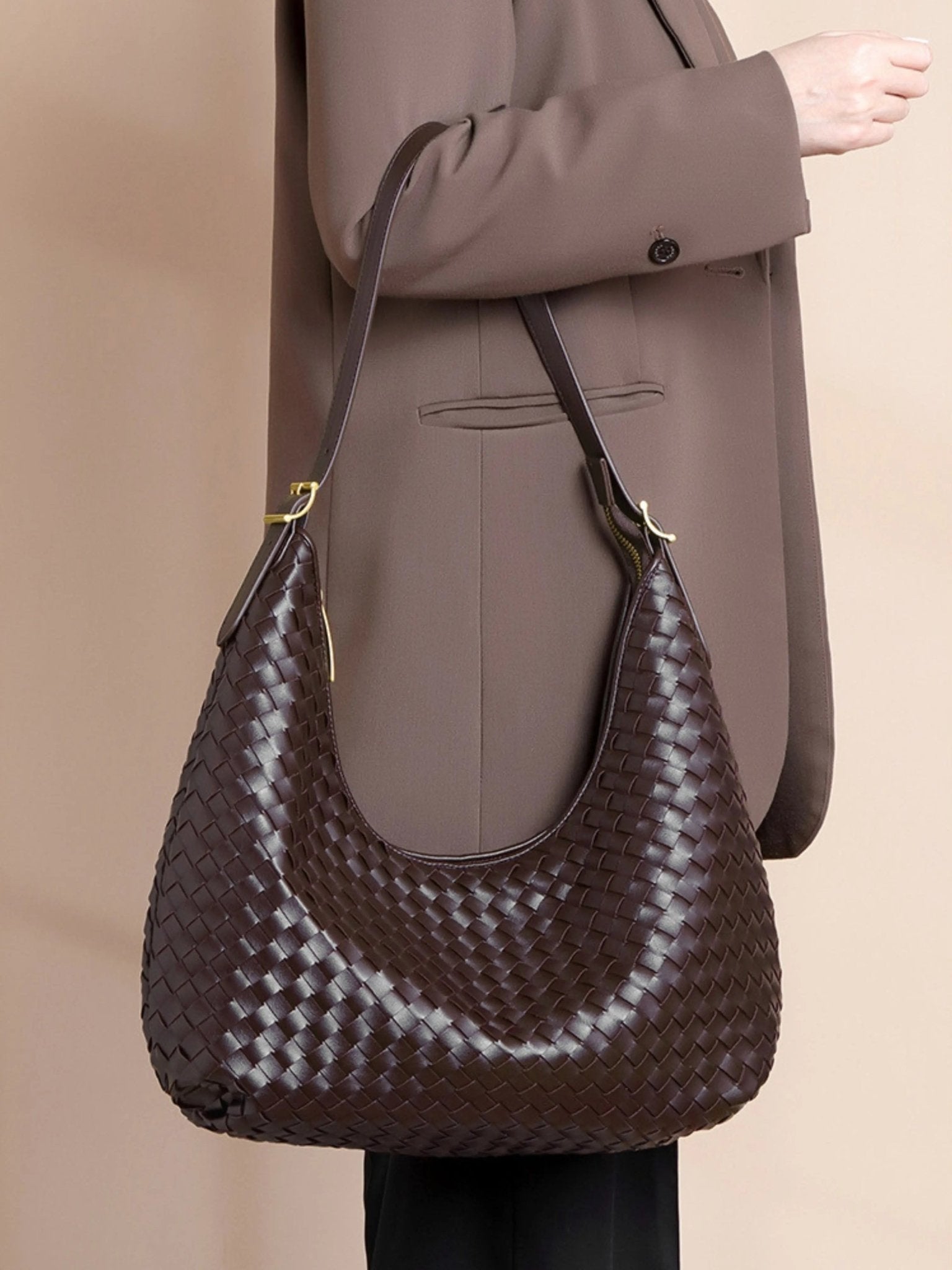 Rivora | Brown Woven Faux Leather Shoulder Bag Sophisticated & Timeless