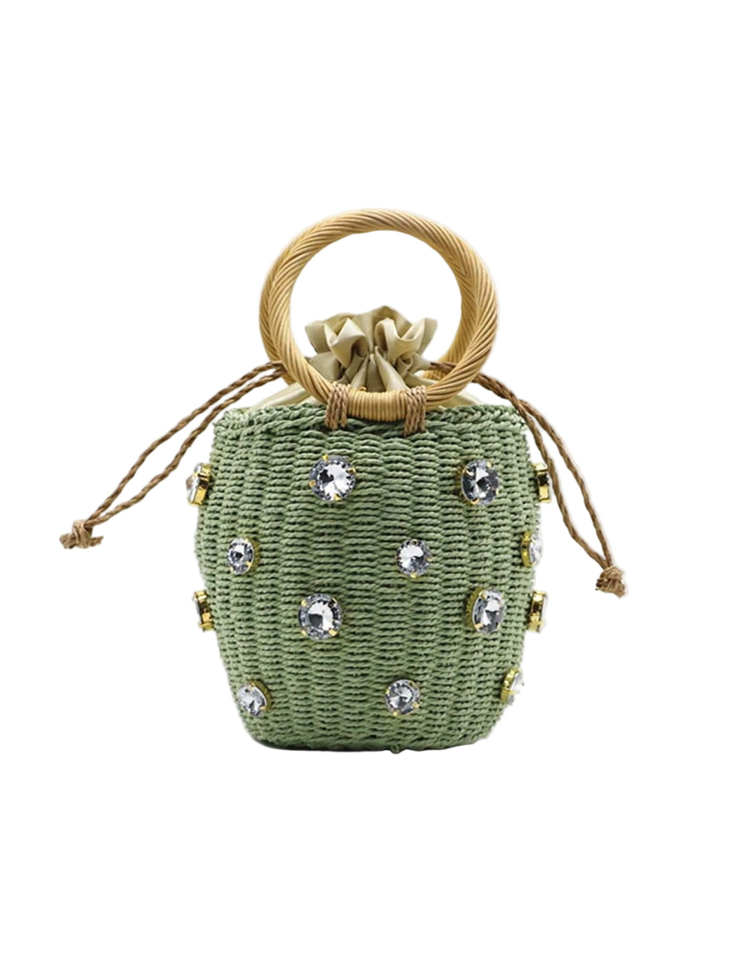 Rivora | Mini Gem-Embellished Bucket Bag Woven Handle Purse