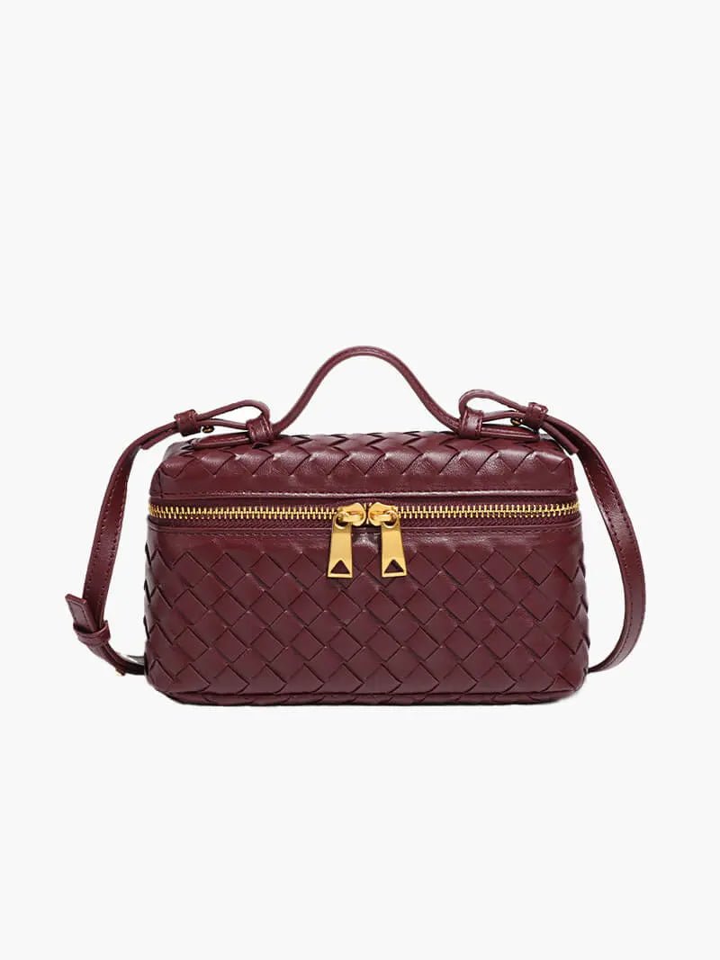 Rivora | Luxe Woven Box Bag Elegant Dark Brown Crossbody with Gold Zipper
