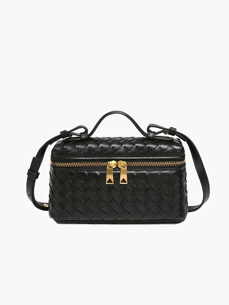 Rivora | Luxe Woven Box Bag Elegant Dark Brown Crossbody with Gold Zipper