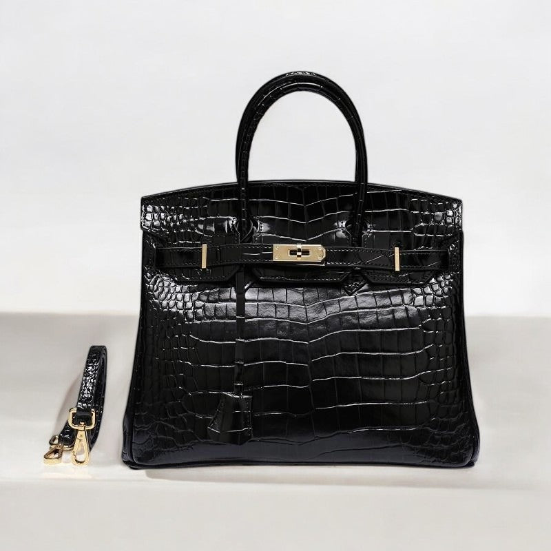 Rivora | Luxury Emerald Black Faux Crocodile Leather Embossed Tote Bag