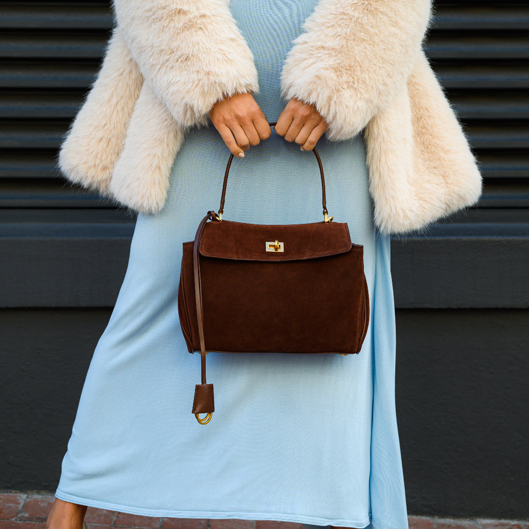 Rivora | Classic Vegan Suede Flap Bag with Top Handle Timeless Structured Handbag