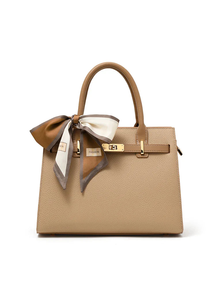 Rivora | Beige Structured Handbag with Scarf Elegant & Chic