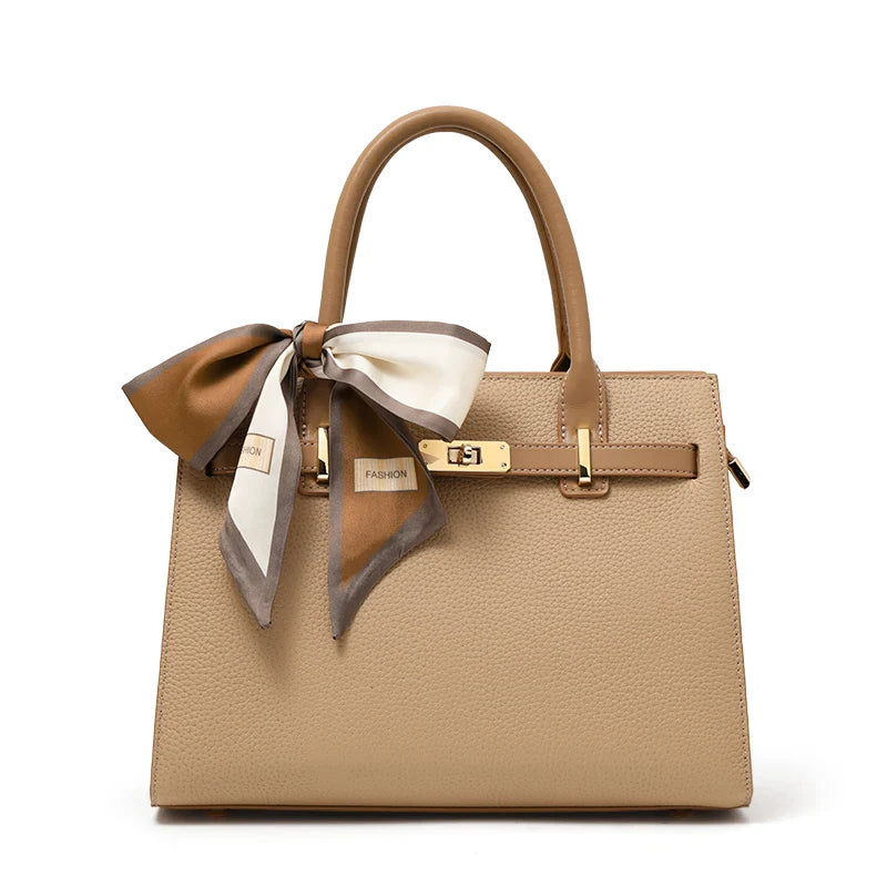 Rivora | Beige Structured Handbag with Scarf Elegant & Chic