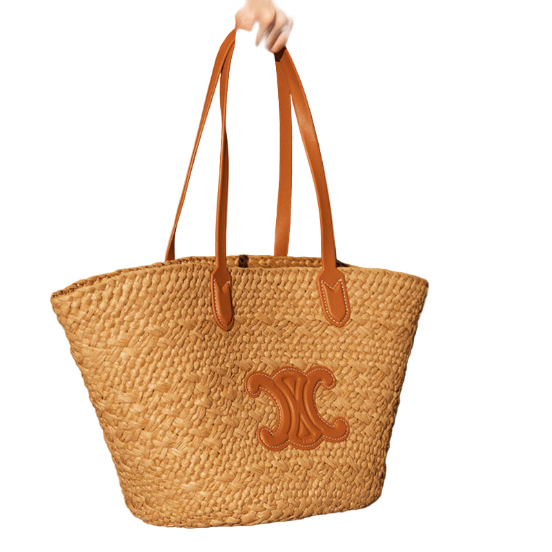 Rivora | Women's Vintage Straw Woven Tote Bag with Vegan Leather Handles and Decorative Emblem