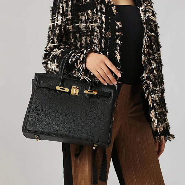 Rivora | Classic Black Satchel Elegant Work Handbag with Gold Lock