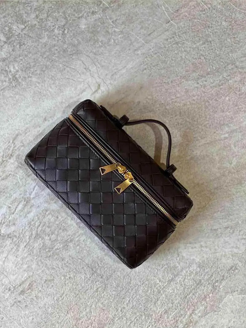 Rivora | Luxe Woven Box Bag Elegant Dark Brown Crossbody with Gold Zipper