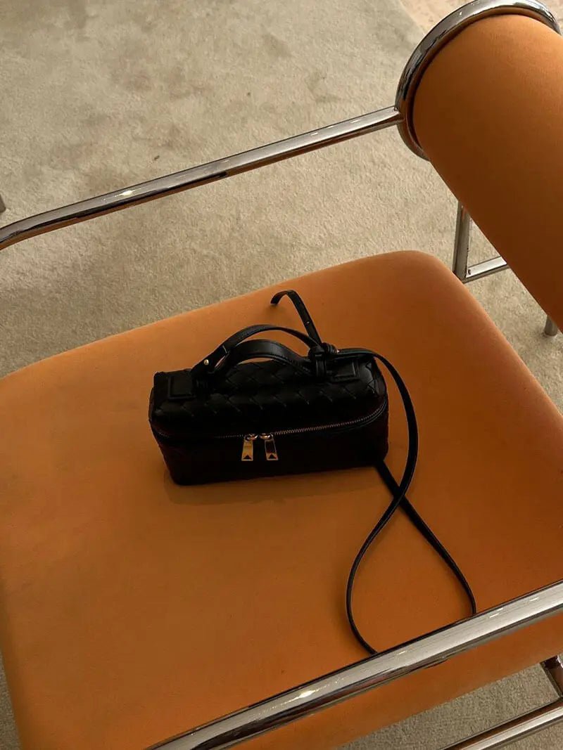 Rivora | Luxe Woven Box Bag Elegant Dark Brown Crossbody with Gold Zipper