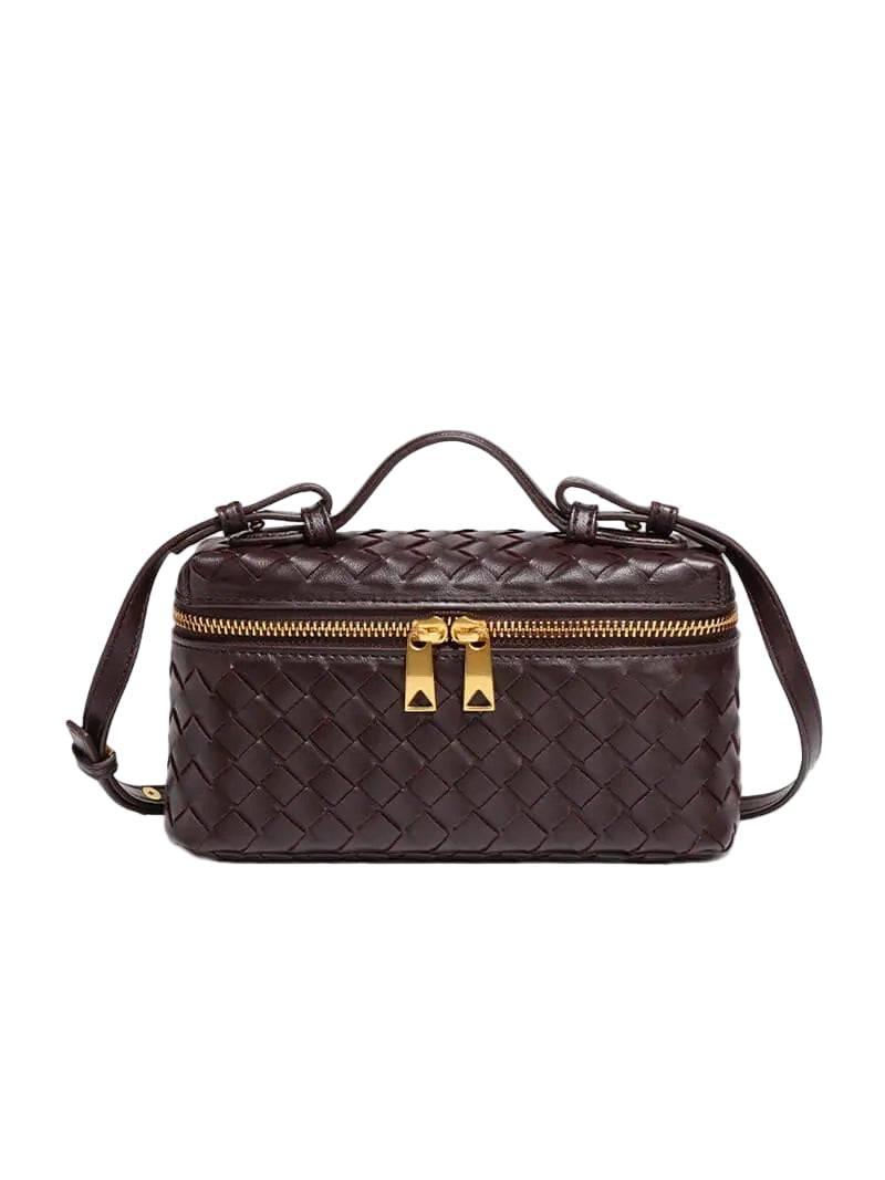 Rivora | Luxe Woven Box Bag Elegant Dark Brown Crossbody with Gold Zipper